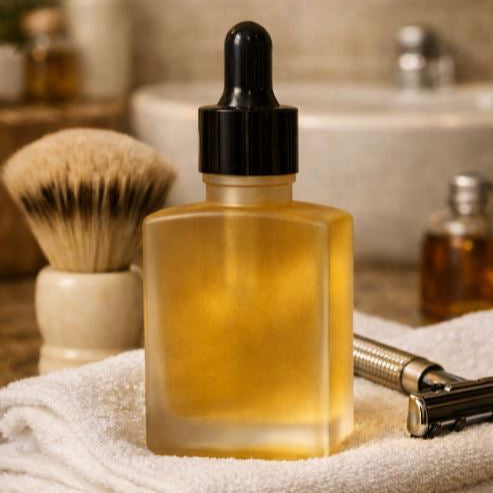 Frosted glass dropper bottle of golden shave oil resting on a folded white towel beside a shaving brush and silver razor, with a halved coconut in the blurred background under warm bathroom lighting.