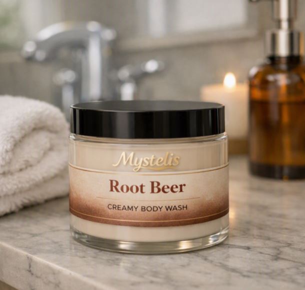 Clear 4 oz jar of Mystelis Root Beer Creamy Body Wash with a black lid, placed naturally on a marble bathroom counter beside a folded white towel, amber soap dispenser, and a softly glowing candle, with a blurred faucet and mirror in the background.