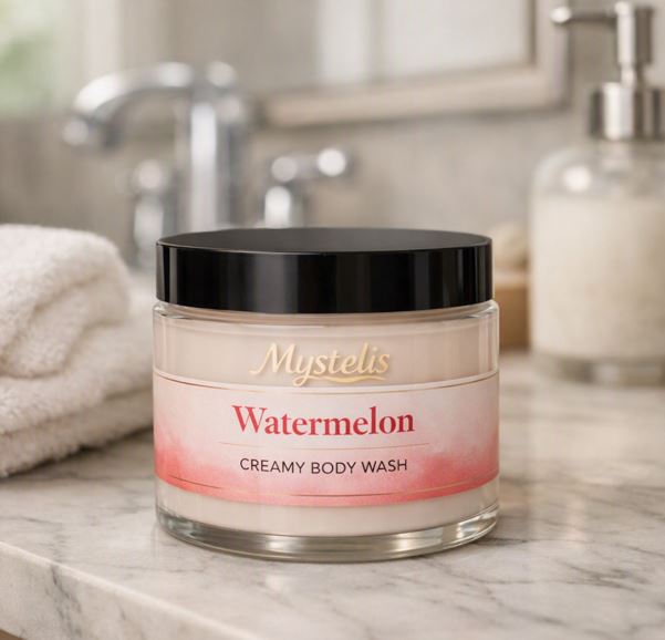 Clear 4 oz jar of Mystelis Watermelon Creamy Body Wash with a black lid, placed naturally on a marble bathroom counter beside soft spa elements, with a blurred faucet and mirror in the background.