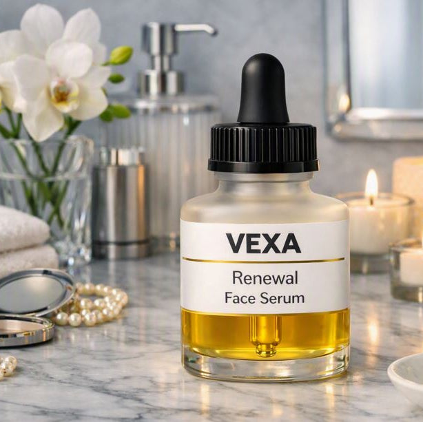A frosted glass bottle of VEXA Renewal Face Serum displayed on a polished white marble bathroom counter with orchids, candles, silver accents, pearls, and spa tools in a fully new refined scene.