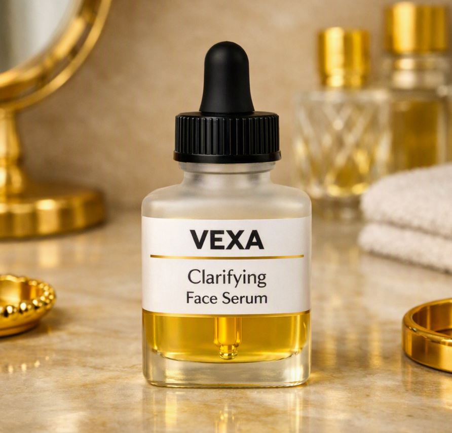 rosted 28 ml glass dropper bottle labeled “VEXA Clarifying Face Serum” with a subtle gold accent line, sitting naturally on a beige marble vanity surrounded by gold accessories, mirror, and towel under warm, soft lighting.