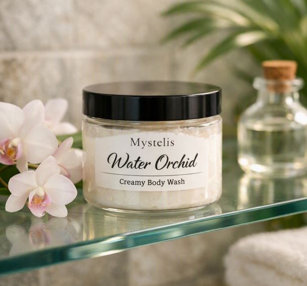 Mystelis Water Orchid Creamy Body Wash jar on a glass shelf in a tropical spa setting, surrounded by white orchids, greenery, and soft natural light.