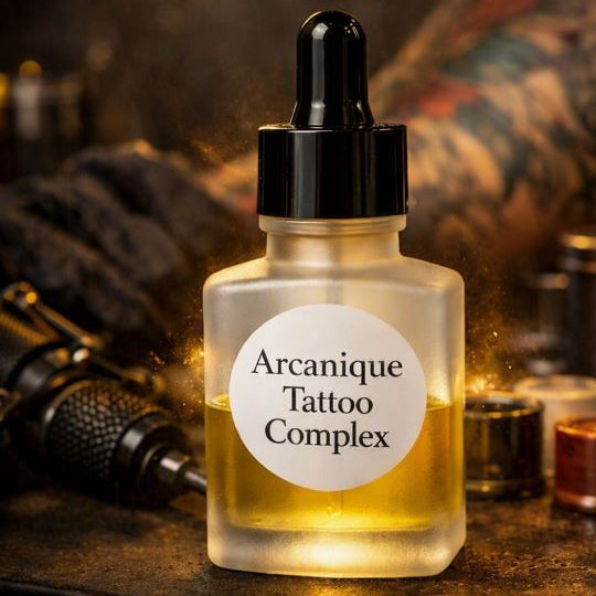 Frosted glass dropper bottle labeled “Arcanique Tattoo Complex,” half‑filled with golden oil, placed on a tattoo‑studio work surface with blurred inks, machine, and warm lighting in the background.