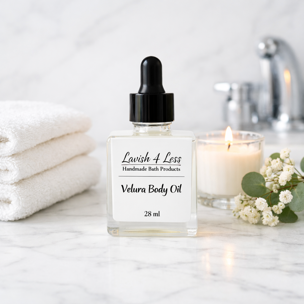 Lavish 4 Less Velura Body Oil – 28 ml bottle displayed on a white marble vanity beside folded towels, a lit candle, and soft white florals. Handcrafted bath product in a square glass bottle with black dropper lid, photographed in bright, airy spa‑style lighting.