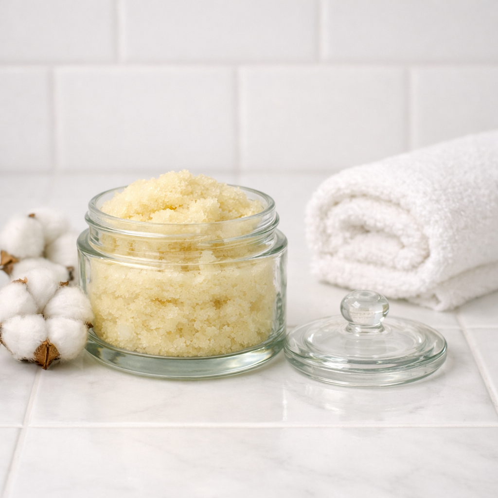 A foaming sugar scrub in a clear jar on a white tiled surface, with cotton bolls, a rolled white towel, and a small bowl of scrub for a clean spa aesthetic.