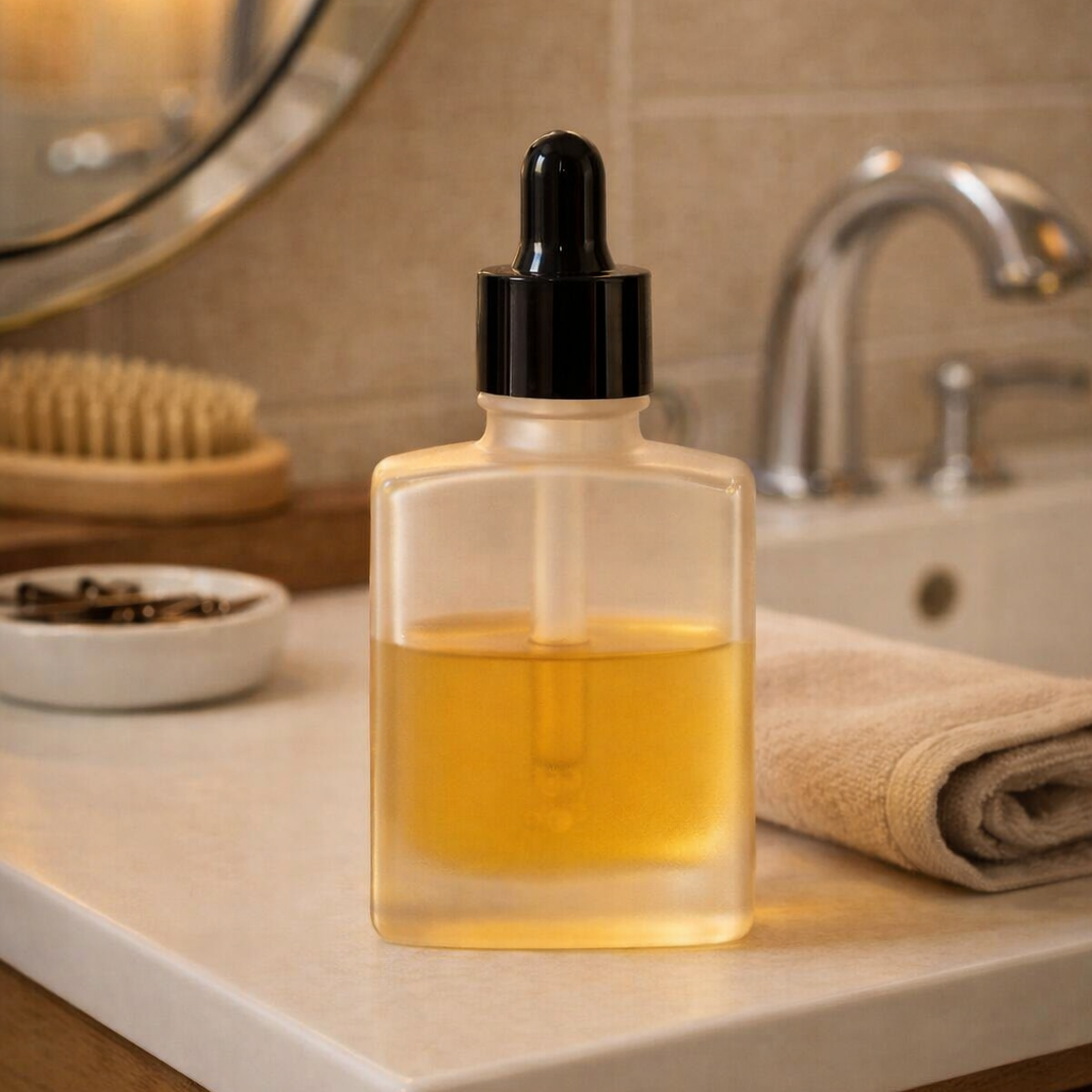 Frosted hair oil bottle on a bathroom cabinet beside a mirror, sink, brush, and folded towel.