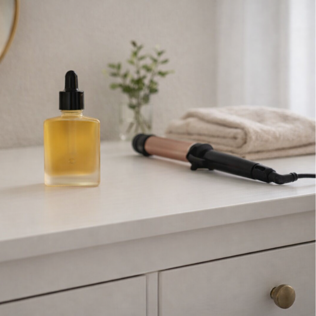 Frosted hair oil bottle sitting farther back on a white dresser with a curling iron, brush, towel, and greenery in soft daylight.