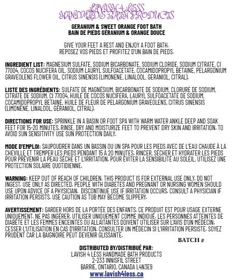 Geranium & Sweet Orange Foot Bath label showing ingredients, directions, and warnings for handmade bath product.