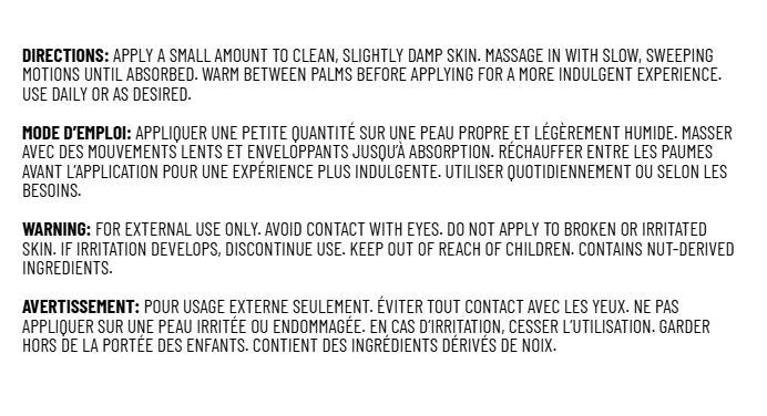 Back of Unscented Body Oil handout showing bilingual directions for use and bilingual safety warnings.