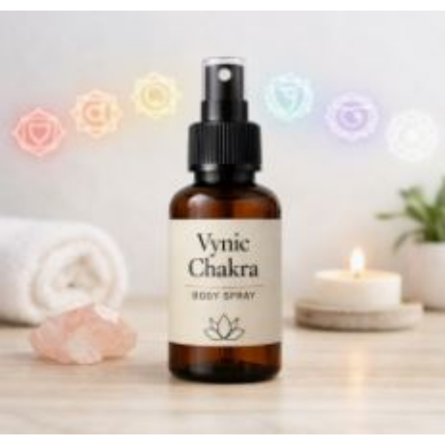 Amber Vynic Chakra Body Spray bottle on a light wooden dresser with soft natural light, rose quartz, a candle, and faint pastel chakra orbs glowing subtly in the background.