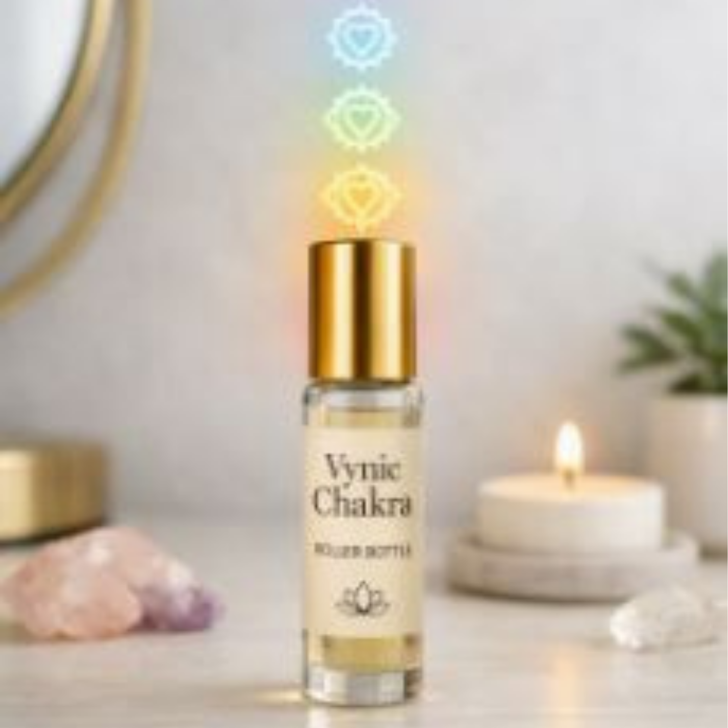 Clear glass Vynic Chakra Roller Bottle with gold lid, vertical chakra glow, and soft daylight in a clean boutique wellness scene.