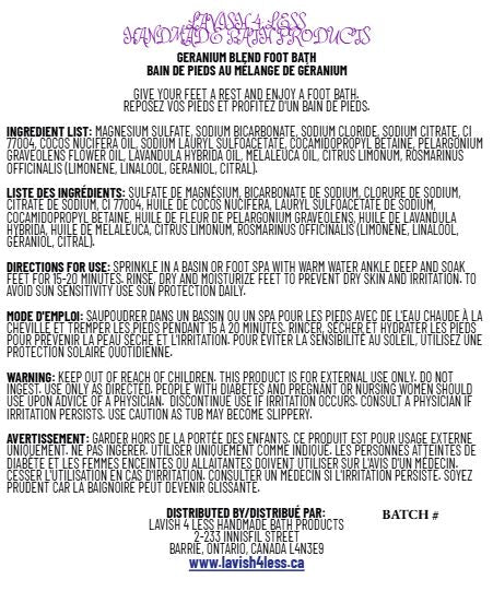 Geranium Blend Foot Bath label showing ingredients, directions, and warnings for handmade bath product.