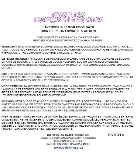 A product information card for Lavandis & Lemon Foot Bath, showing the product name, ingredients list, directions for use, a mode d'emploi in French, a warning, and distributor details on a white background.