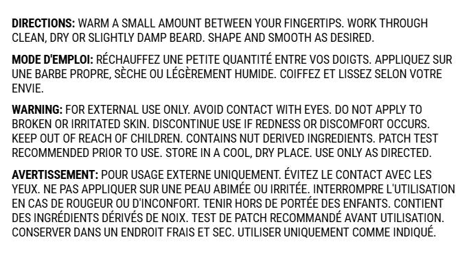 Back of the Unscented Beard Balm info card displaying directions for use and standard cosmetic safety warnings on a clean white background.