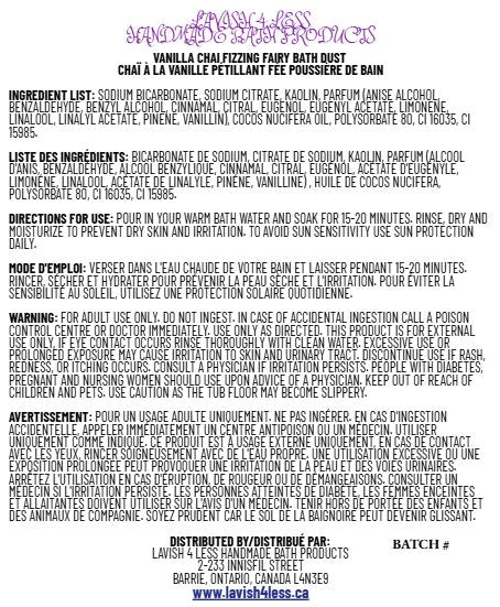 Back label for Vanilla Chai Fizzing Fairy Bath Dust with ingredients, directions, warning, and distributor information.