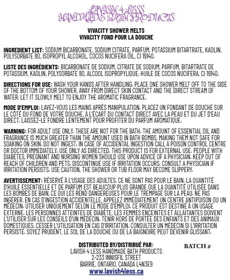 Vivacity Shower Melts label showing bilingual ingredients, directions, and warnings in English and French.