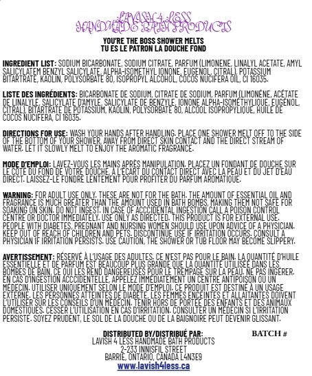 You’re The Boss Shower Melts label showing bilingual ingredients, directions, cautions, and distributor information in English and French.