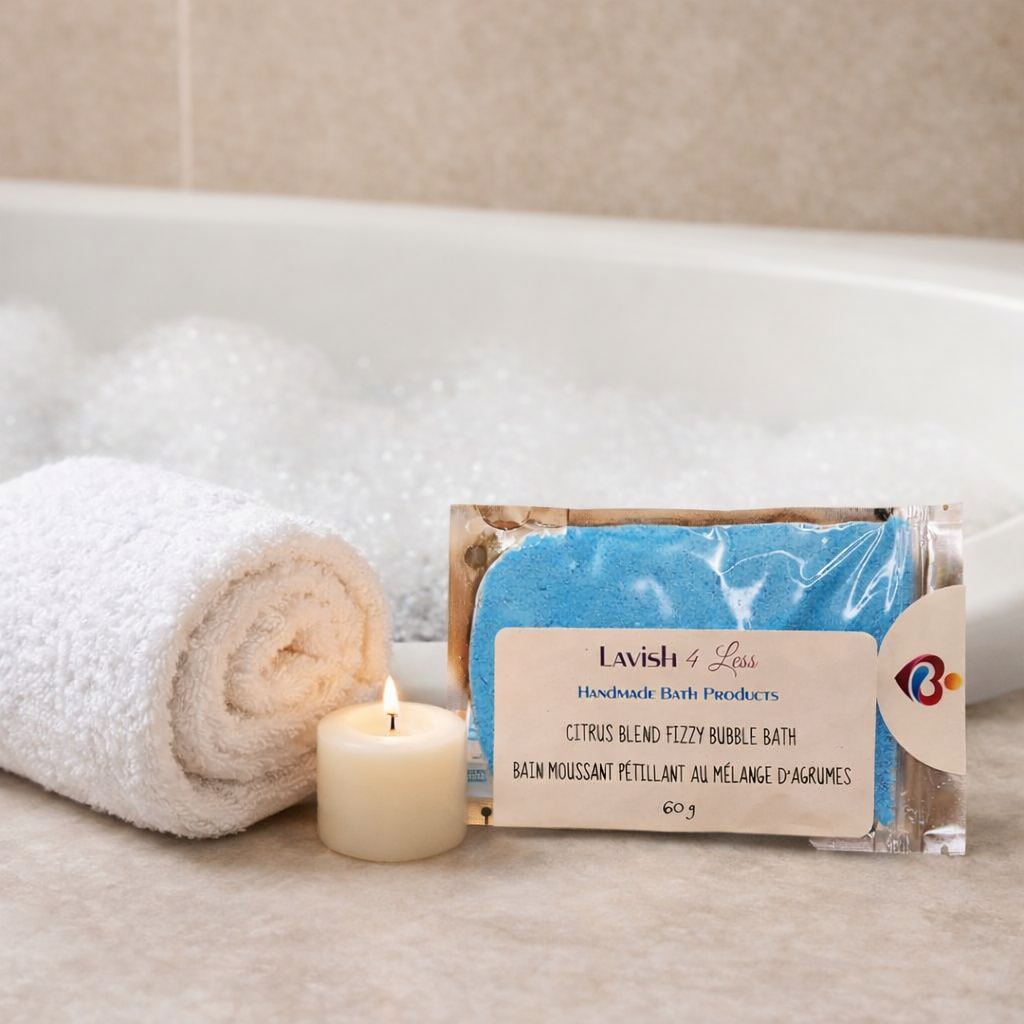 Lavish 4 Less Citrus Blend Fizzy Bubble Bath displayed beside a rolled white towel and candle near a bubble‑filled tub, handmade bath products in Barrie Ontario.