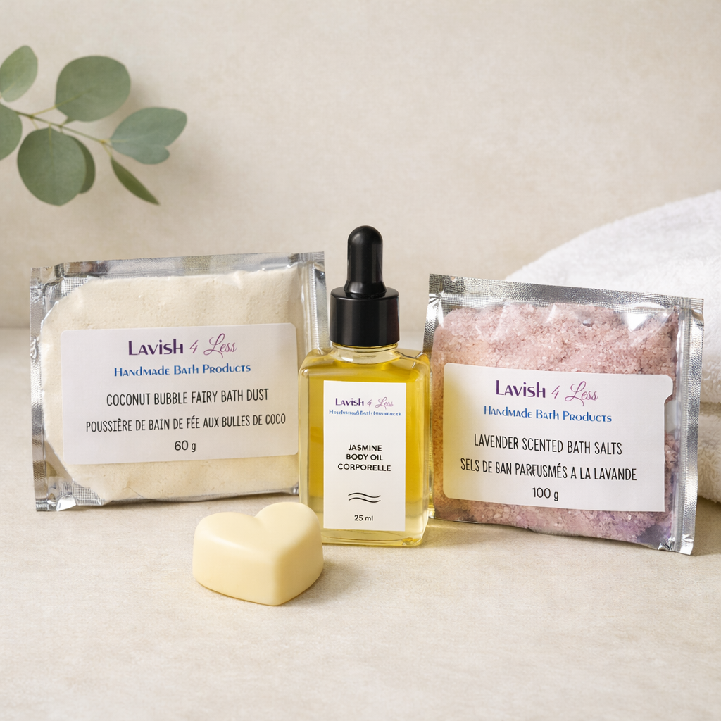 Lavish 4 Less handmade bath products arranged in a calm, minimalist flatlay featuring Coconut Bubble Fairy Bath Dust, Lavender Bath Salts, Jasmine Body Oil, and a heart‑shaped melt on a soft neutral background with natural light.