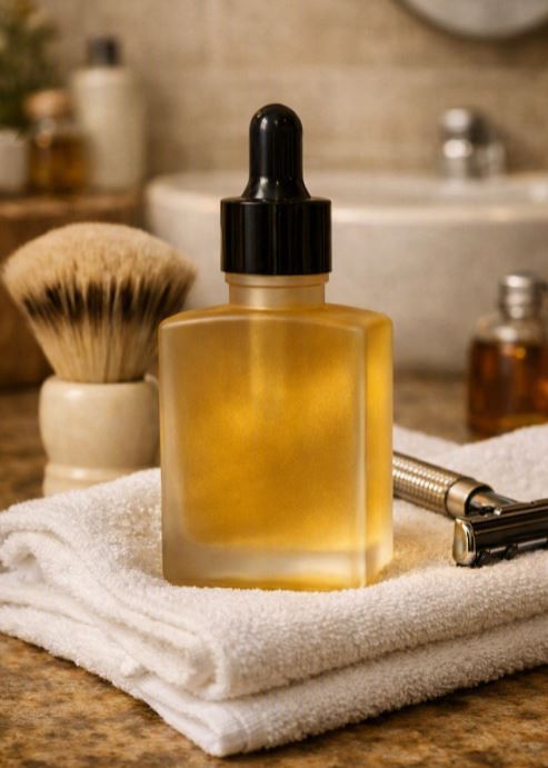 Frosted glass dropper bottle of golden shave oil resting on a folded white towel beside a shaving brush and silver razor, with a halved coconut in the blurred background under warm bathroom lighting.