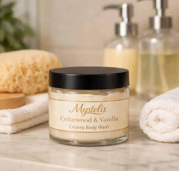 4 oz clear plastic jar with black lid, three‑quarters full of creamy body wash, featuring a cream-and-gold Mystelis Cedarwood & Vanilla label, placed on a warm spa-style marble bathroom counte