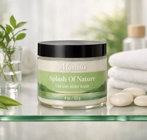 Mystelis Splash Of Nature Creamy Body Wash jar filled with off‑white creamy body wash on a glass shelf in a bright spa setting, surrounded by greenery, white towels, and smooth pebbles under soft natural light.