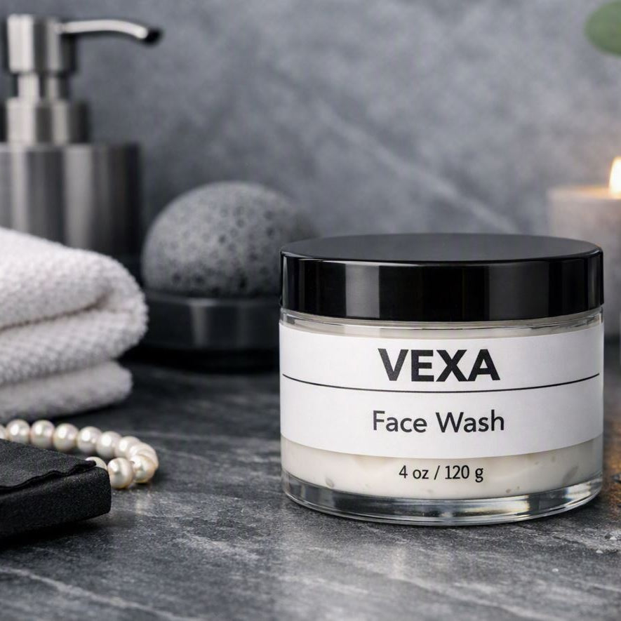 A 4 oz clear plastic jar of VEXA Face Wash with a black lid sits on a cool gray stone countertop surrounded by spa‑style accessories — a white towel, facial sponge, dropper bottle, candle, and eucalyptus leaves — creating a modern, luxurious bathroom scene.