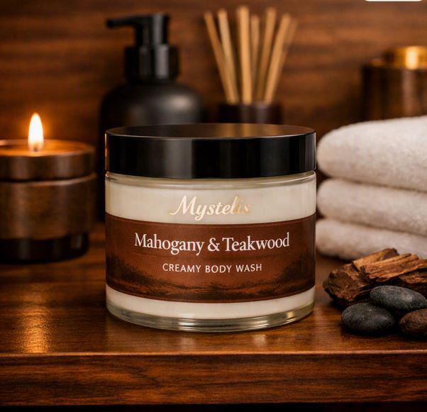 Mystelis Mahogany & Teakwood Creamy Body Wash jar filled with off‑white creamy body wash on a warm mahogany spa shelf, surrounded by candlelight, wood accents, white towels, and soft smoky teakwood elements.