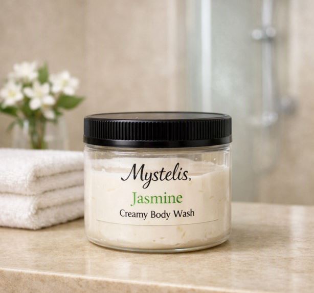 Clear 4 oz plastic jar with black lid containing Mystelis Jasmine Creamy Body Wash, partially filled with creamy white product on a beige spa bathroom counter beside folded white towels and jasmine flowers in the background.