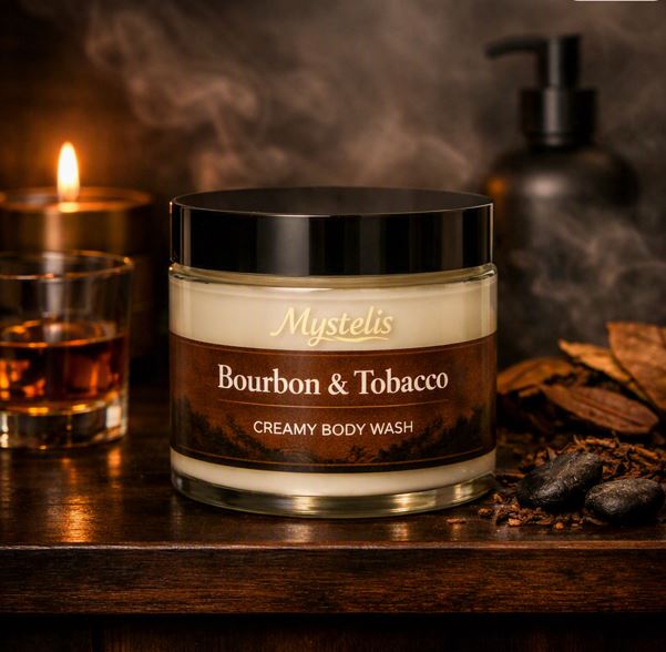 Mystelis Bourbon Tobacco Creamy Body Wash jar filled with off‑white creamy body wash on a dark wood spa shelf with smoky atmosphere, warm amber bourbon glow, tobacco leaf accents, and masculine cozy elements.