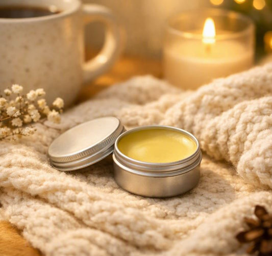 Open silver tin of Polar Releaf balm resting on a soft cream‑colored knitted blanket beside a warm mug and candle, creating a cozy self‑care atmosphere.