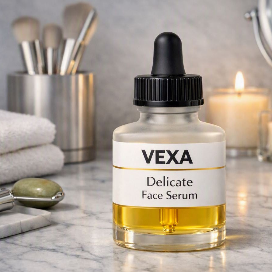 A frosted glass bottle of VEXA Delicate Face Serum displayed on a wide cool‑marble vanity with silver accents, jade roller, folded towels, candles, cotton pads, and a silver vanity mirror under soft refined spa lighting.