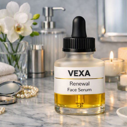 A frosted glass bottle of VEXA Renewal Face Serum displayed on a polished white marble bathroom counter with orchids, candles, silver accents, pearls, and spa tools in a fully new refined scene.