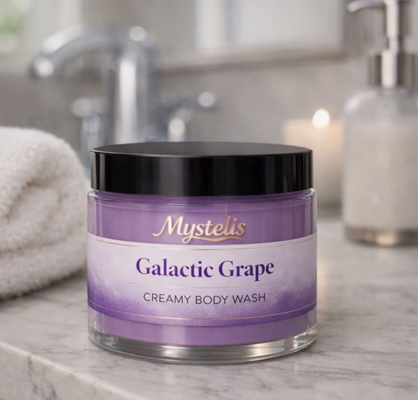 Clear 4 oz jar of Mystelis Galactic Grape Creamy Body Wash with a black lid, placed naturally on a marble bathroom counter beside soft spa elements, with a blurred faucet and mirror in the background.