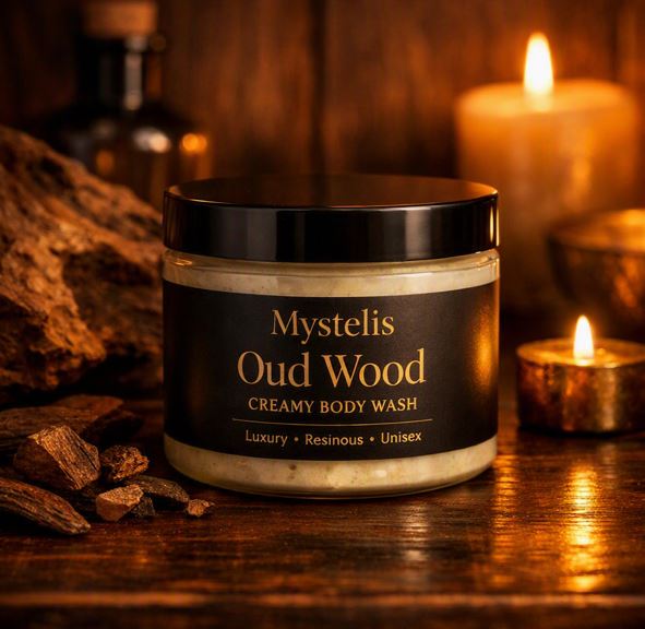 Mystelis Oud Wood Creamy Body Wash jar on a dark wooden spa surface surrounded by warm amber glow, lit candles, and oud wood accents; luxurious, resinous, and unisex body‑wash scene.