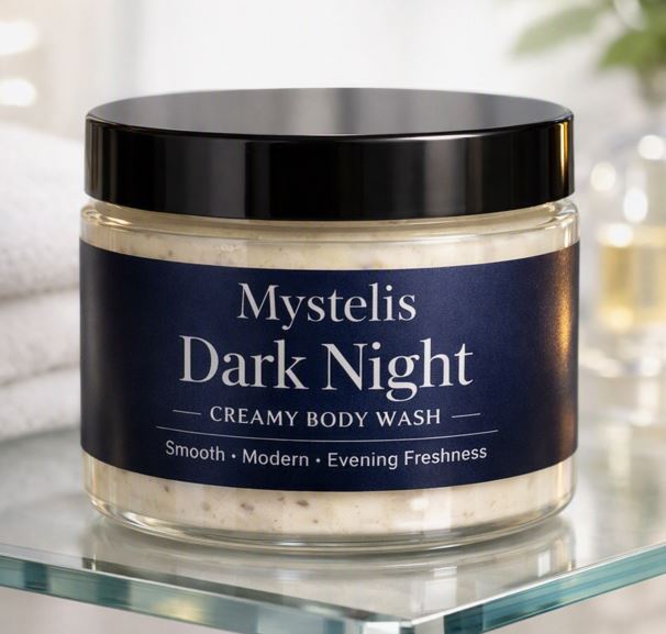 Mystelis Dark Night Creamy Body Wash — 4 oz clear plastic jar with black lid, navy and silver label reading ‘Smooth • Modern • Evening Freshness,’ placed on a glass shelf in a bright spa-style bathroom.