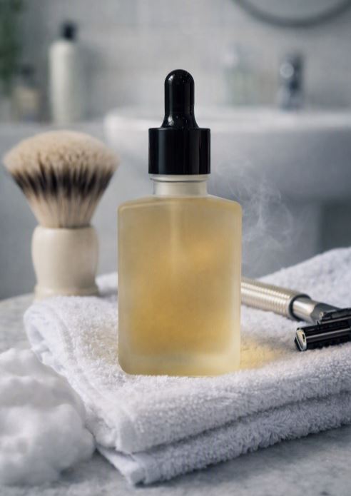 Frosted glass dropper bottle of shave oil resting on a folded white towel beside a shaving brush and metal razor, with soft bathroom lighting and a blurred sink background.