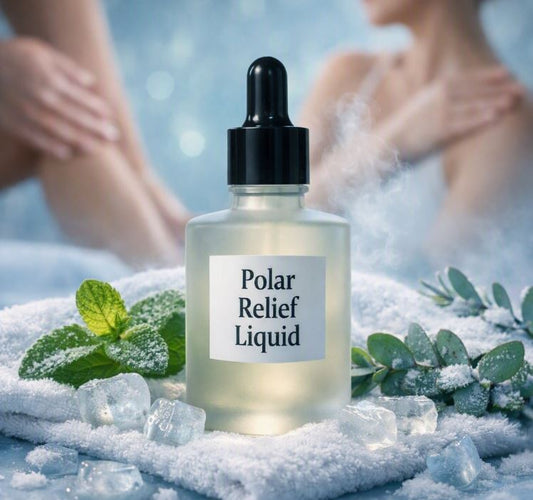 Frosted glass dropper bottle labeled “Polar Relief Potion” resting on a frosted white towel surrounded by ice cubes, mint leaves, and eucalyptus sprigs, with blurred leg and shoulder silhouettes in the background showing cooling comfort use.