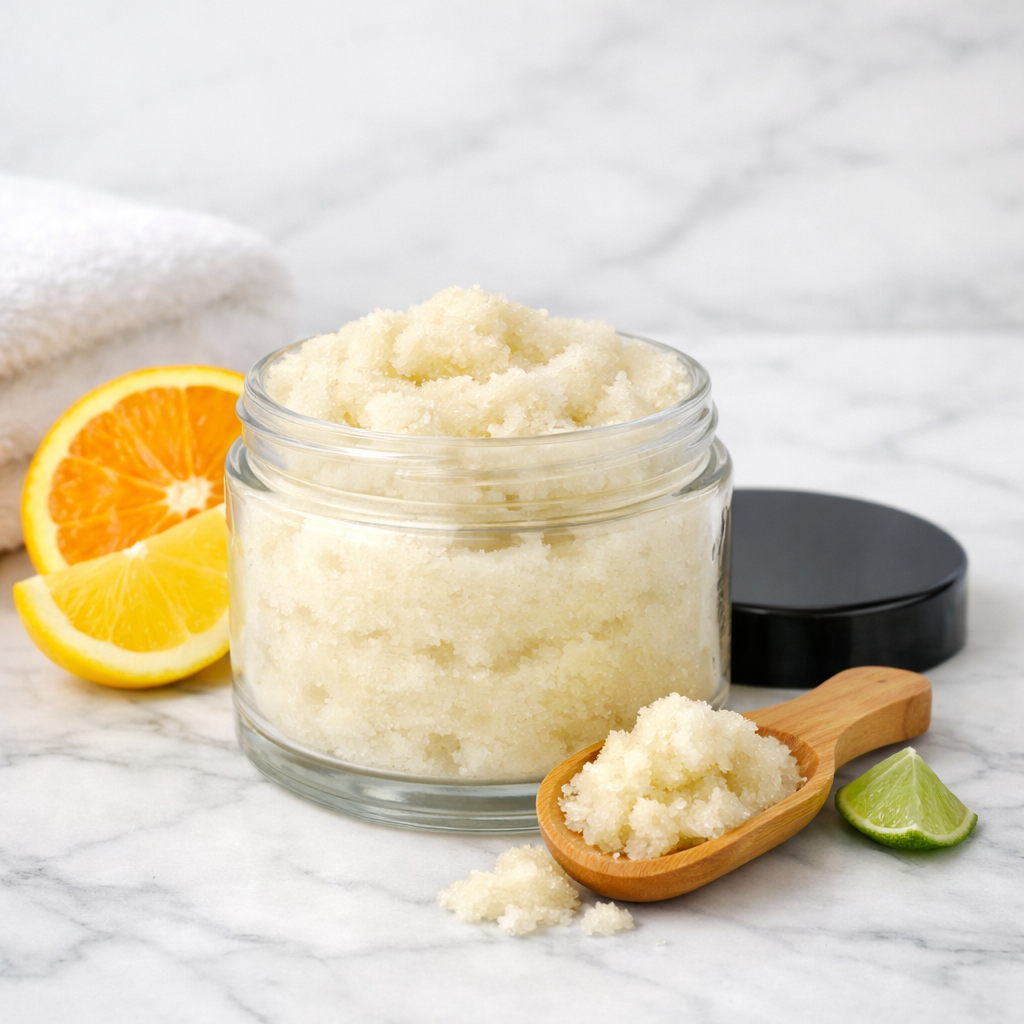 A bright, tropical foaming sugar scrub in a jar with a creamy whipped texture, surrounded by citrus slices and a wooden spoon on a spa‑style marble surface.