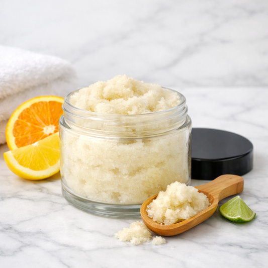 A bright, tropical foaming sugar scrub in a jar with a creamy whipped texture, surrounded by citrus slices and a wooden spoon on a spa‑style marble surface.