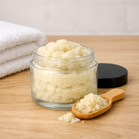 Fragrance-free Unscented foaming sugar scrub jar with wooden spoon and white towels arranged in a clean, calming spa setting.