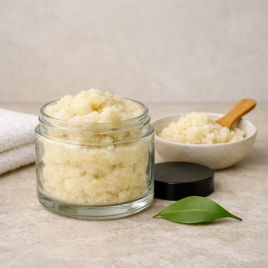 A foaming sugar scrub in a clear jar on a light stone surface, with a small bowl of scrub and wooden spoon in the background, alongside a folded white towel and a green leaf for a fresh, natural spa aesthetic.