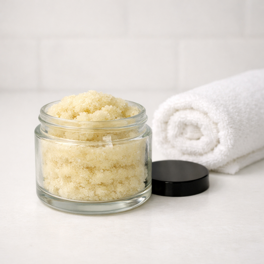 A foaming grooming scrub in a clear jar on a light tiled surface, with a rolled white towel behind it and a black lid beside the jar, creating a clean, minimalist grooming setup.