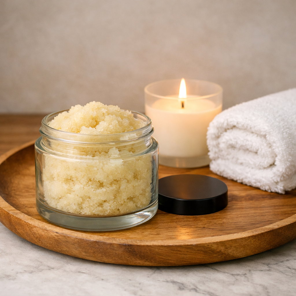 Wild Orchard foaming sugar scrub jar with candle and rolled towel on a wooden tray in a soothing, neutral spa environment.