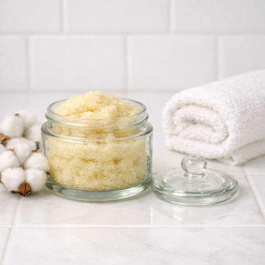 A foaming sugar scrub in a clear jar on a white tiled surface, with cotton bolls, a rolled white towel, and a small bowl of scrub for a clean spa aesthetic.