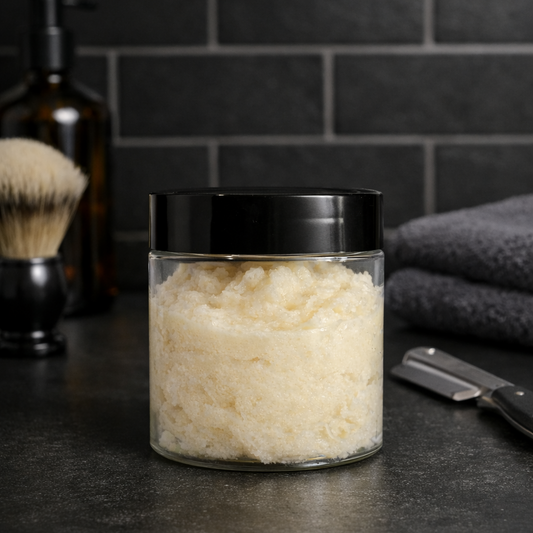 A foaming grooming scrub in a clear jar on a dark bathroom counter, surrounded by a shaving brush, straight razor, amber bottle, and folded towels against a black tiled background.