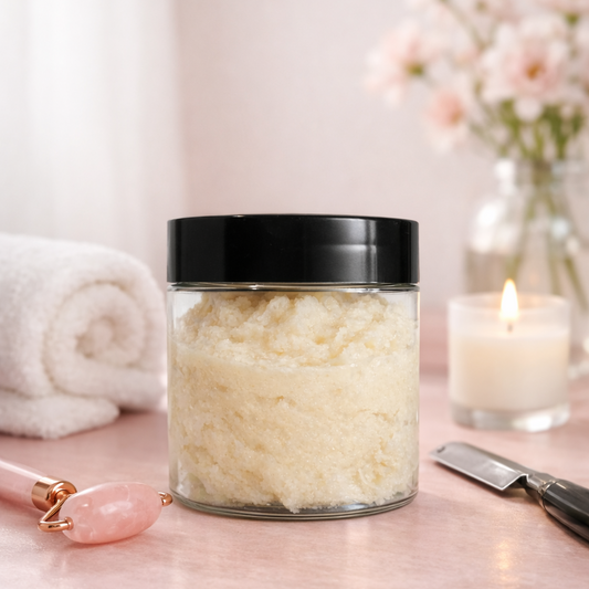 Handmade foaming sugar scrub in clear jar on pink surface with towel, candle, facial roller, spatula, and flowers.