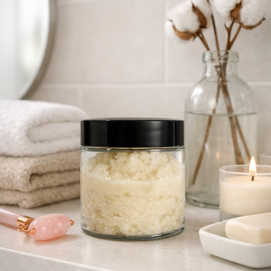 Fresh floral Water Orchid foaming sugar scrub in clear jar with candle, soap, facial roller, cotton stems, and folded towels in a spa‑style bathroom.