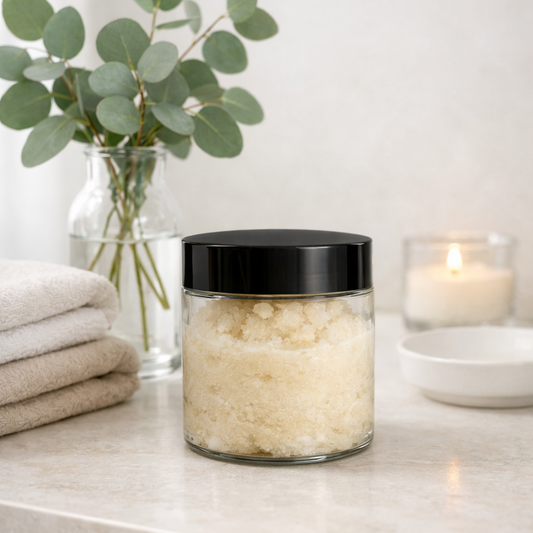 Sweet Strawberry foaming sugar scrub in clear jar with candle, eucalyptus, folded towels, and spa accessories in a clean bathroom setting.