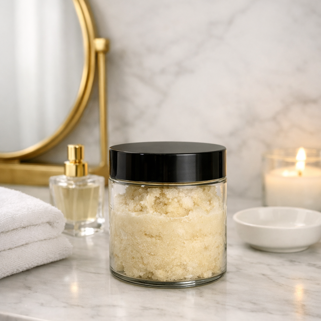 Foaming sugar scrub in a clear jar with a black lid on a marble bathroom counter, beside a folded white towel, a lit candle, and a small perfume bottle in front of a round gold mirror.